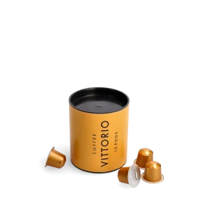 Canister of 15 Coffee Vittorio espresso pods with sleek black packaging