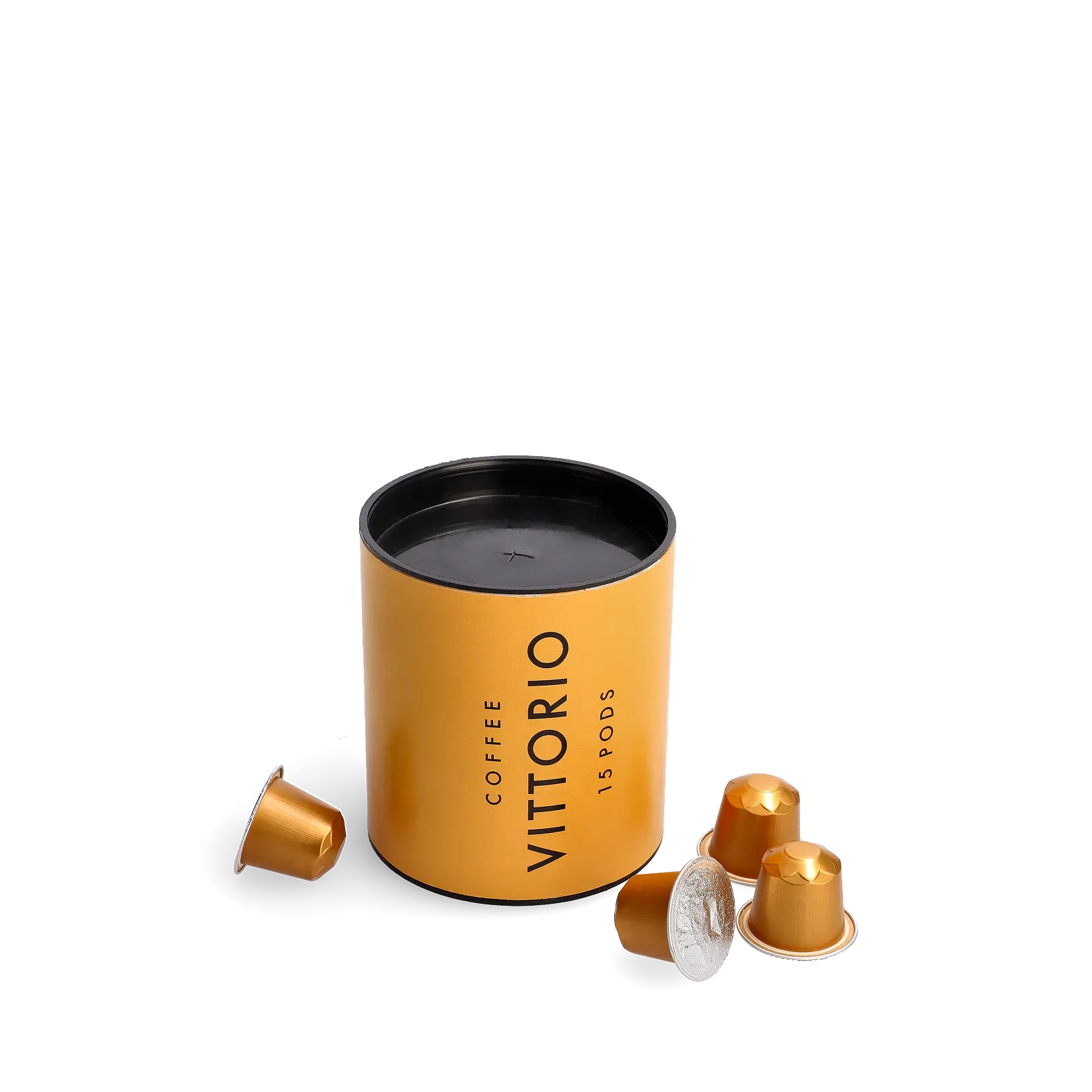 Canister of 15 Coffee Vittorio espresso pods with sleek black packaging