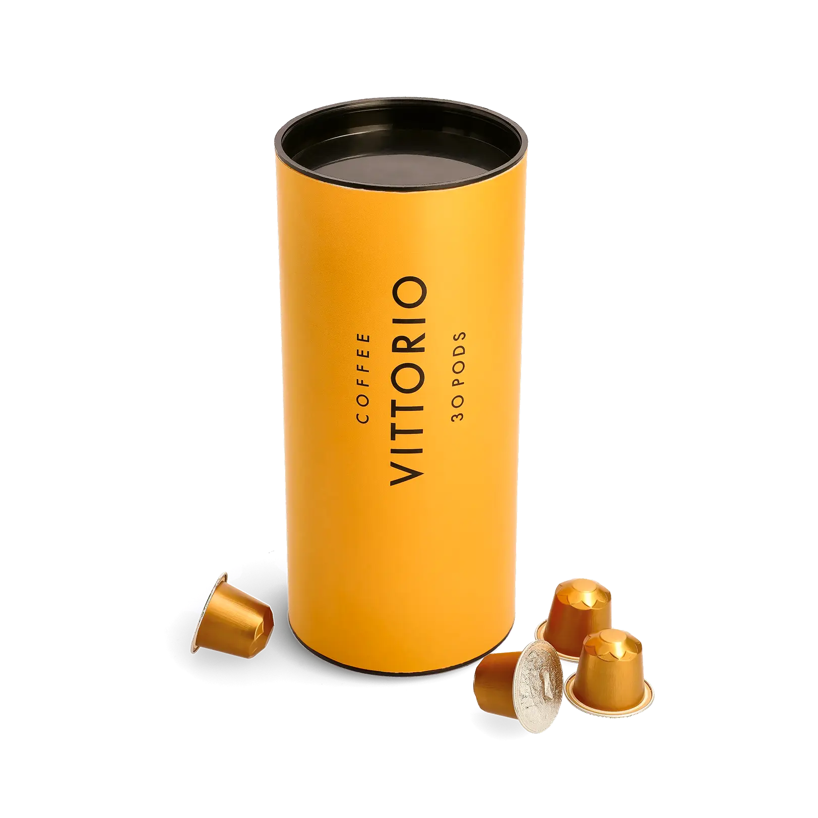 Canister of 30 Coffee Vittorio espresso pods displayed with coffee beans